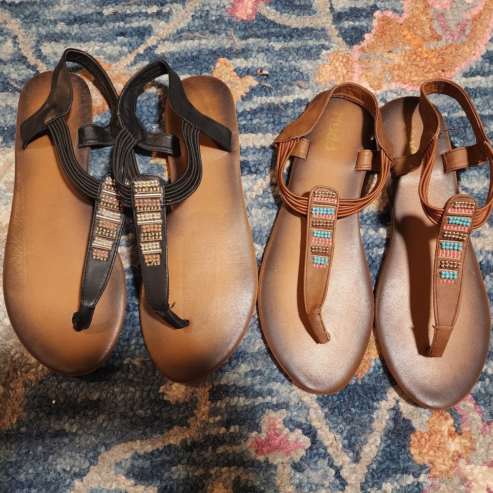 2 pairs of sandals. Sling back flat sandals. $10 each.